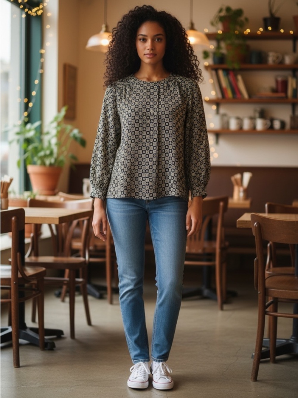 Vintage Rena Rowan For Saville Geometric Print Long Sleeve Rayon Blouse Size 10